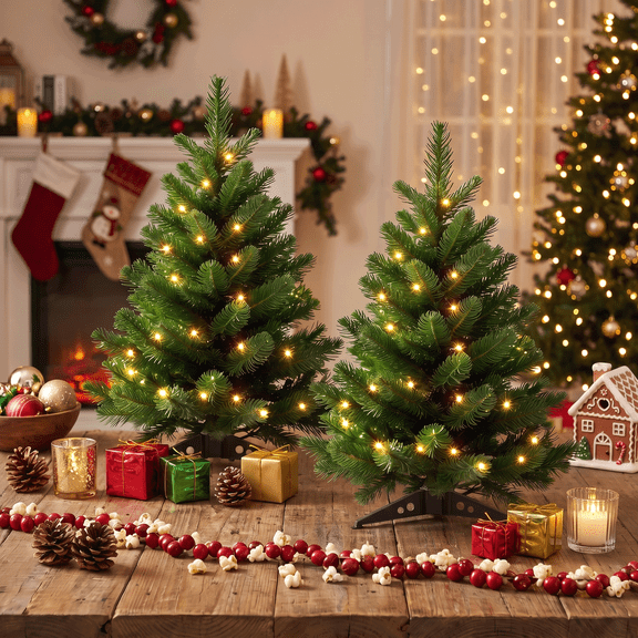 VOLIVO 2FT Mini Christmas Tree, 2 Pack Pre-Lit Artificial Christmas Tree, 30LED Warm White Lights, for Holiday Decoration