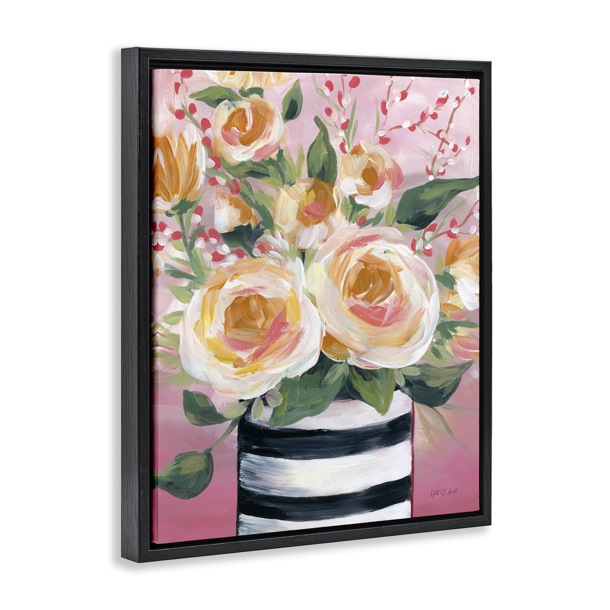 Stupell Industries Spring Blooms in Striped Vase Black Framed Floater Canvas Wall Art, design by Yvette St. Amant