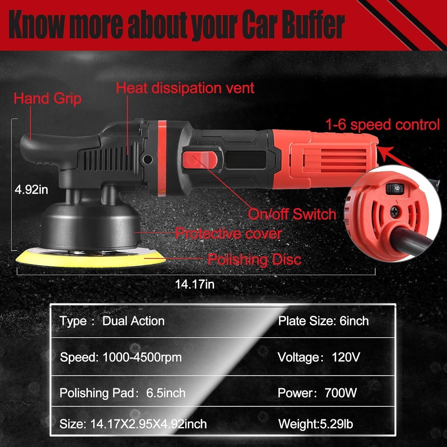 Buffer Polisher,6 inch Dual Action Polisher,Random Buffer Polisher kit with 6 Variable Speed 1000-4500rpm,Detachable Handle,4 Buffing Pads for  detailing Polishing and Waxing