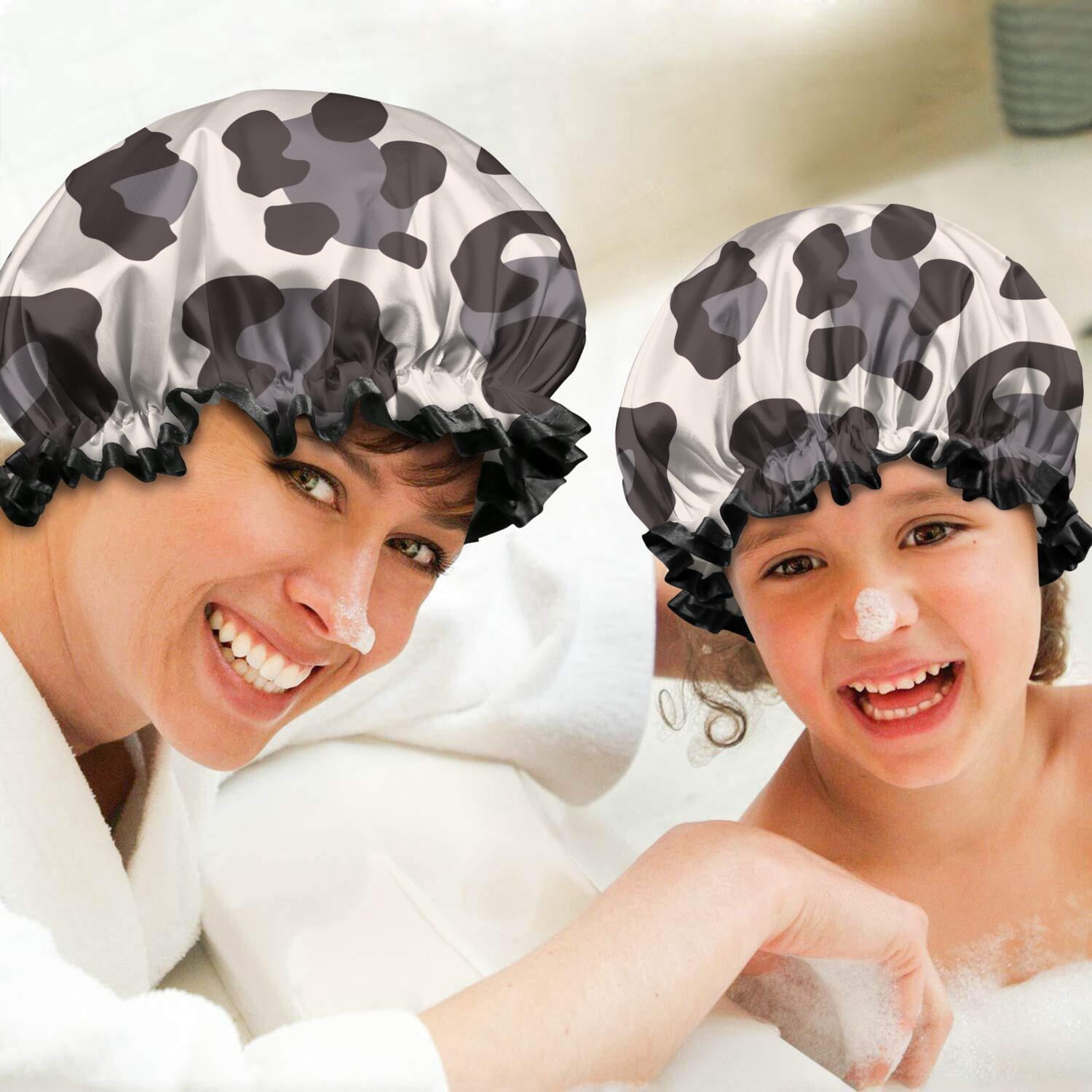 Shower Caps,Beige and Black Of Leopard Print Waterproof Shower Cap for Women 4 Pieces,Double Reusable Hair Cover for Shower PEVA Elastic Stretch Hem
