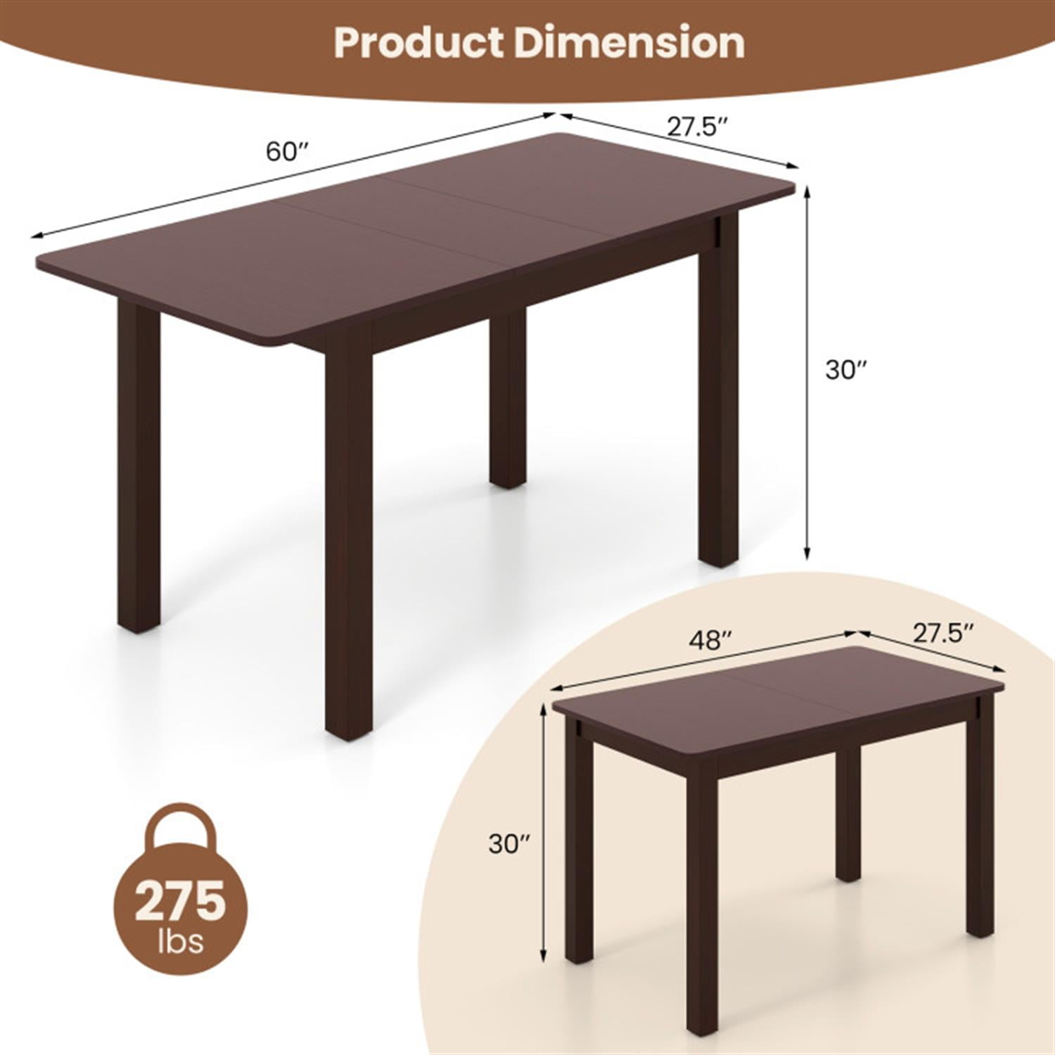 Demi Bonn Extendable Folding Dining Table with Rubber Wood Frame and Safety Locks, Modern Kitchen Table Furniture for Dining Room, Dinette, Brown