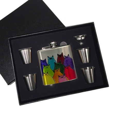 

KuzmarK 6 oz. Stainless Steel Flask Set in Black Presentation Box - Siamese Kittes in Crayon Colors Abstract Cat Art by Denise Every