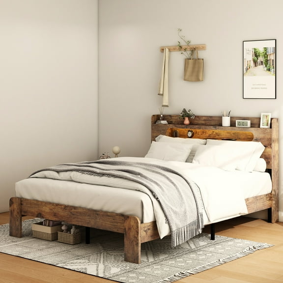 Generic Bed Frame Full Size, Wood Platform Bed Frame with Storage LED Light Headboard and 2 USB , Noise Free,No Box Spring Needed and Easy Assembly Tool,Large Under Bed Storage,Dark Brown