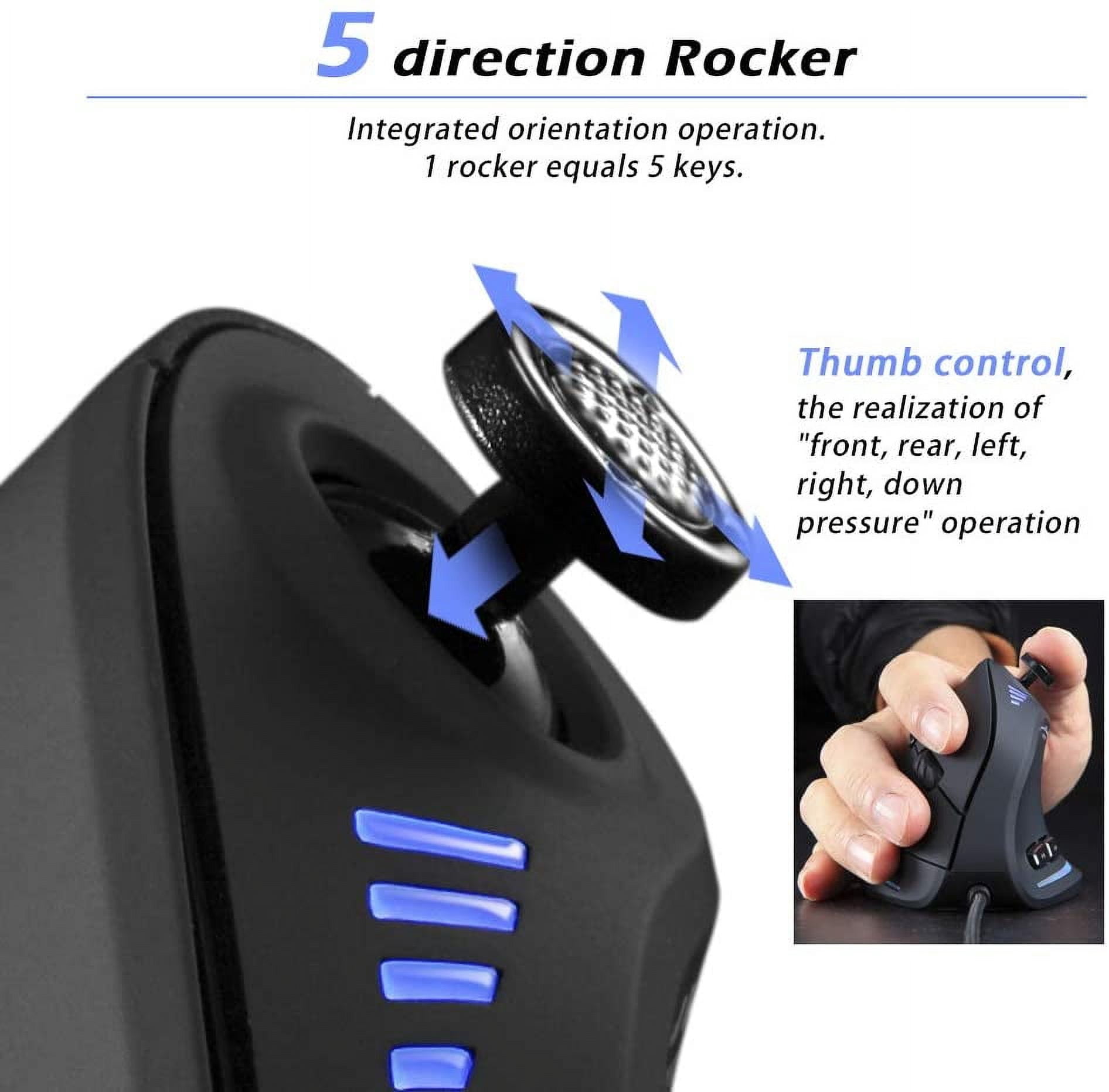 Vertical Ergonomic Wired Gaming Mouse, 5 Direction Rocker, 10000 DPI High Precision, 11 Programmable Buttons RGB Mouse for PC Laptop Computer Gamer