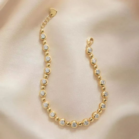 "5 Ct Round Simulated Diamond Bezel-Set Tennis Link Bracelet, 14K Yellow Gold Plated Sterling Silver, Elegant Jewelry for Women"