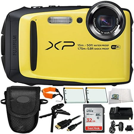 Fujifilm FinePix XP90 Digital Camera (Yellow) 32GB Bundle 9PC Accessory Kit. Includes SanDisk Ultra 32GB SDHC Memory Card + 2 Replacement NP-45S Battery + AC/DC Rapid Home & Travel Charger +