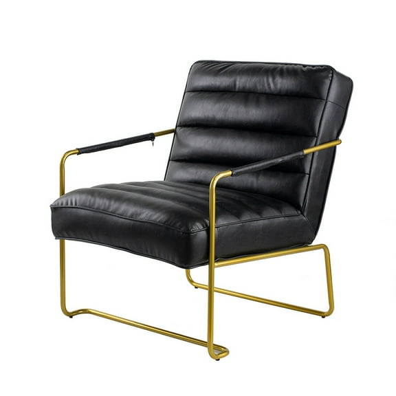 Benjara 30" Accent Chair- Gold Iron Frame- Channel Tufted Black Faux Leather
