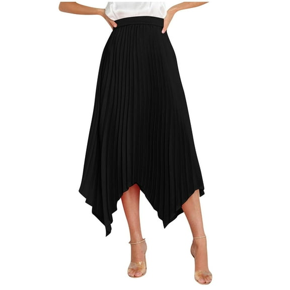 LOVZFMLL Maxi Skirts for Women 2025 Pleated Swing Flowy High Low Hem Long Skirts Elastic Waist Casual, Beach, Vacation, Work Clothes Black S