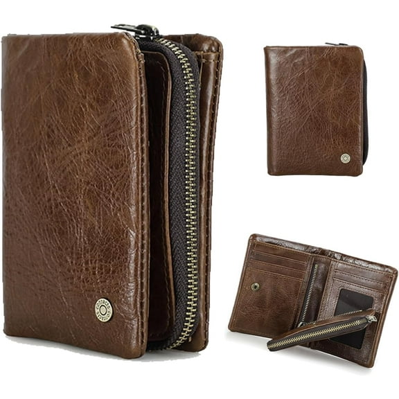 Mens Trifold Wallet Detachable Zip Coin Pocket RFID Blocking Leather Purse Zip Multi Credit Card Organizer with 7 Card Slots 1 Photo Window