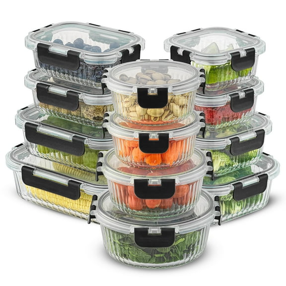 JoyJolt 24-Piece Fluted Food Storage Container Set with Lids - Black