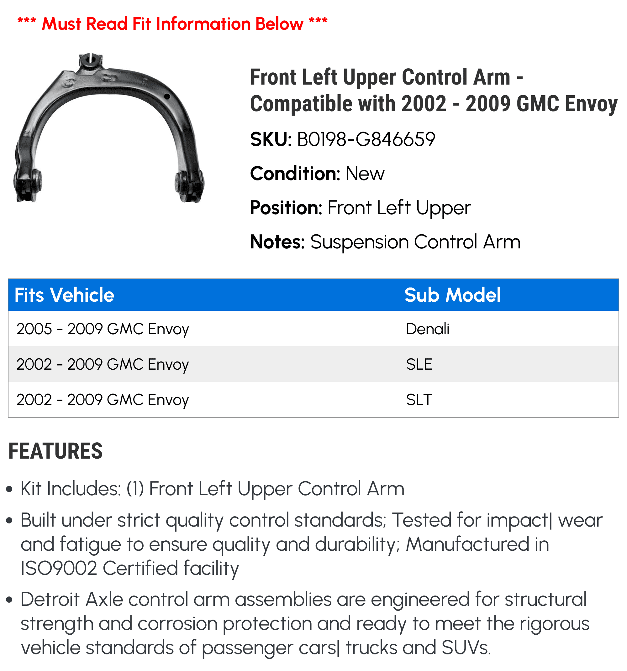 Front Left Upper Control Arm - Compatible with 2002 - 2009 GMC Envoy 2003 2004 2005 2006 2007 2008