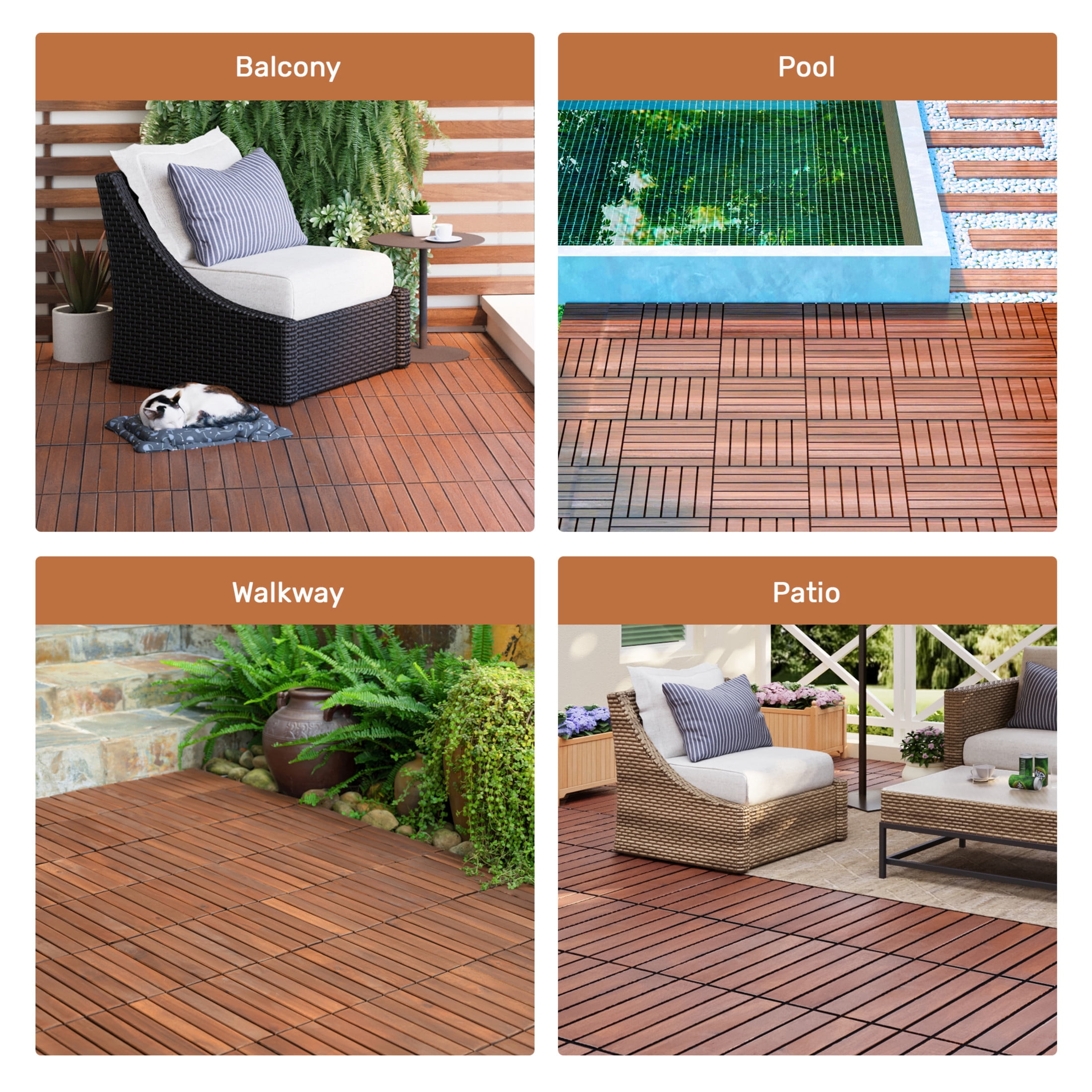 Noble House 12" Striped Acacia Wood Interlocking Square Deck Tiles, Weather Resistant Outdoor Flooring, Brown, 30 PCS