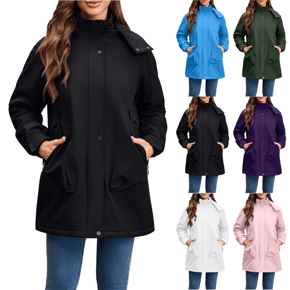 Women's Waterproof Softshell Jacket with Removable Hood Fleece Lined Windbreaker Long Warm Parka Coat for Outdoor Hiking Travel