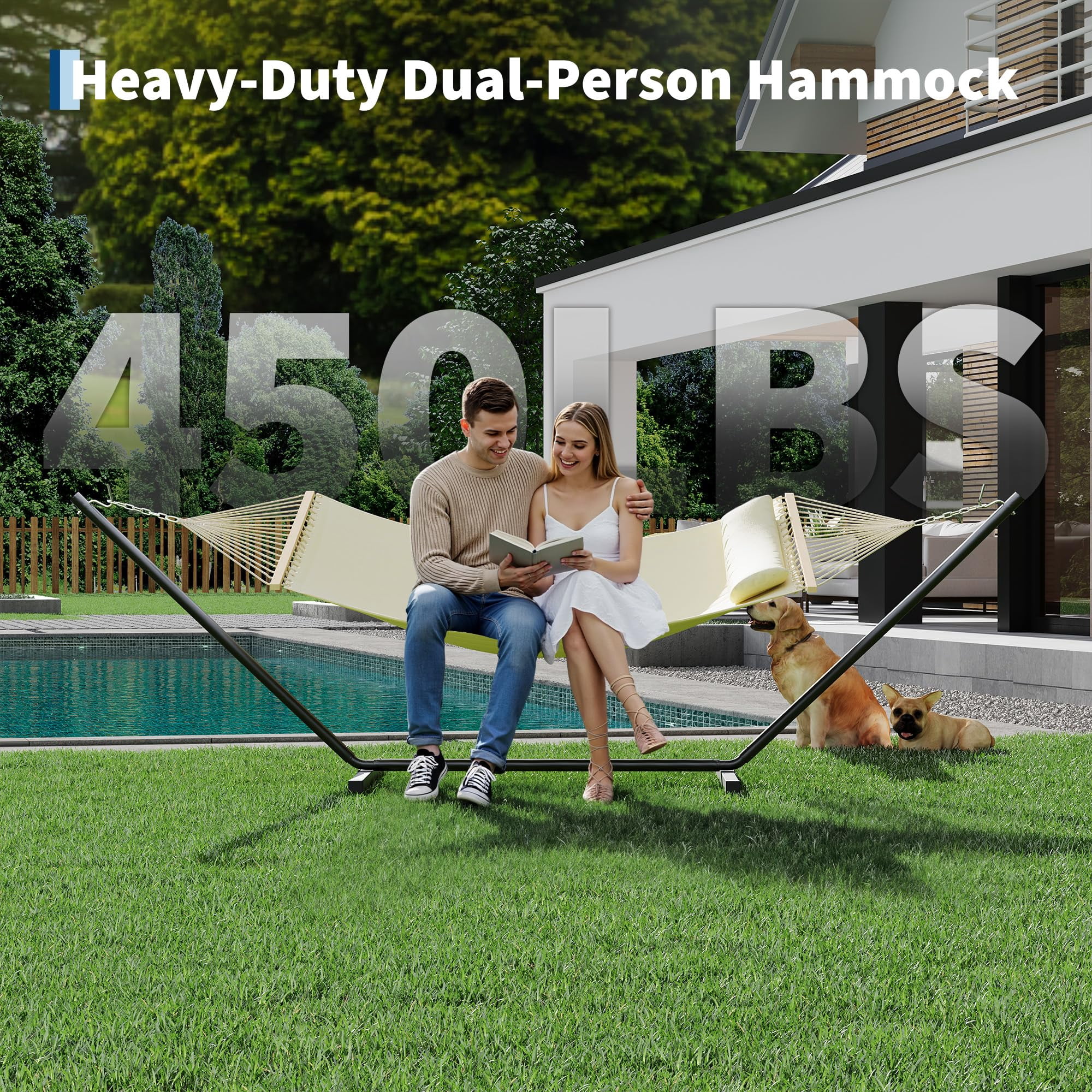 Double Hammock with Heavy Duty Adjustable Steel Stand,500lbs Portable Hammock for Patio Garden Beach Backyard，Easy Assembly