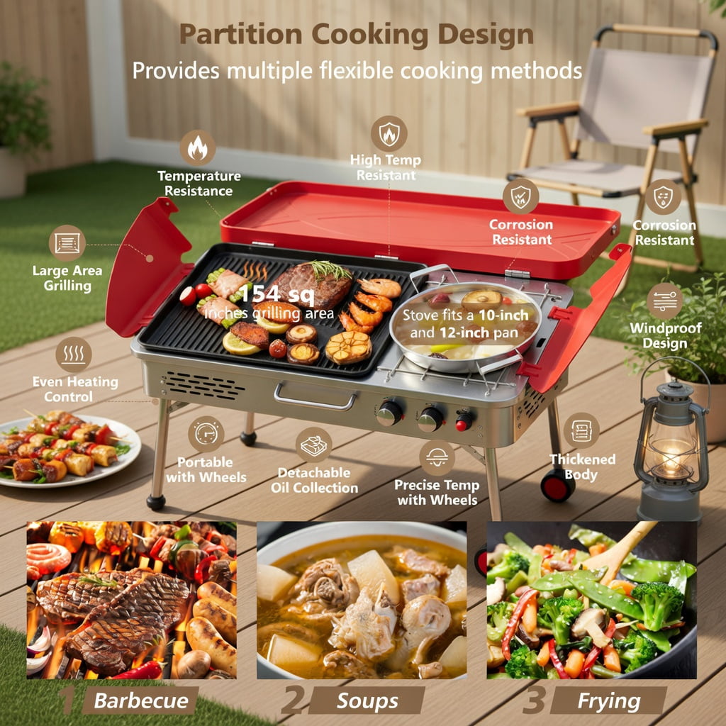 Resenkos Outdoor Barbecues Grill,2-in-1 Gas Camping Grill and Stove with 4 Detachable Legs-Red