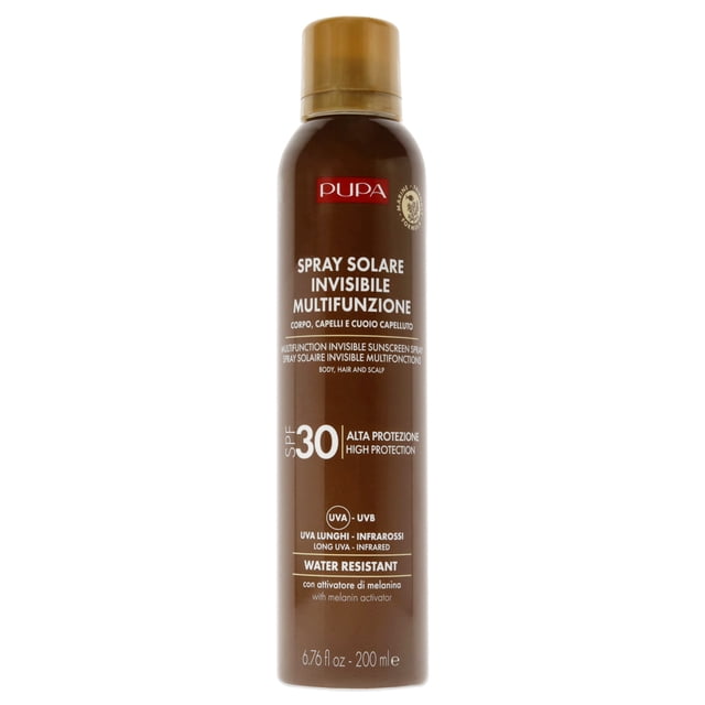 spray protector solar invisible multifunción resistente al agua spf 30 de pupa milano para unisex - protector solar de 6.7 oz frasco cilíndrico marrón con tapa dorada, etiqueta frontal muestra PUPA, 'SPF 30', 'water resistant' y 200 ml; también apto para aplicar sobre cuero cabelludo y cabello para protección ligera.