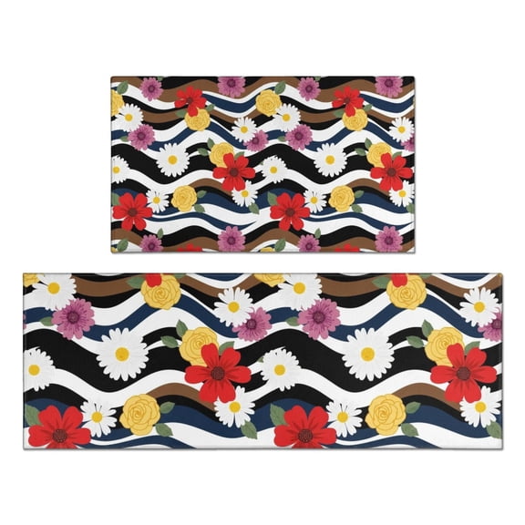 Pioneer Flower Floral Print Pattern Kitchen Rugs Sets Of 2, Anti Fatigue Non Slip Washable Floor Mats for Kitchen Sink Laundry, 17X30 Inch 17X47 Inch