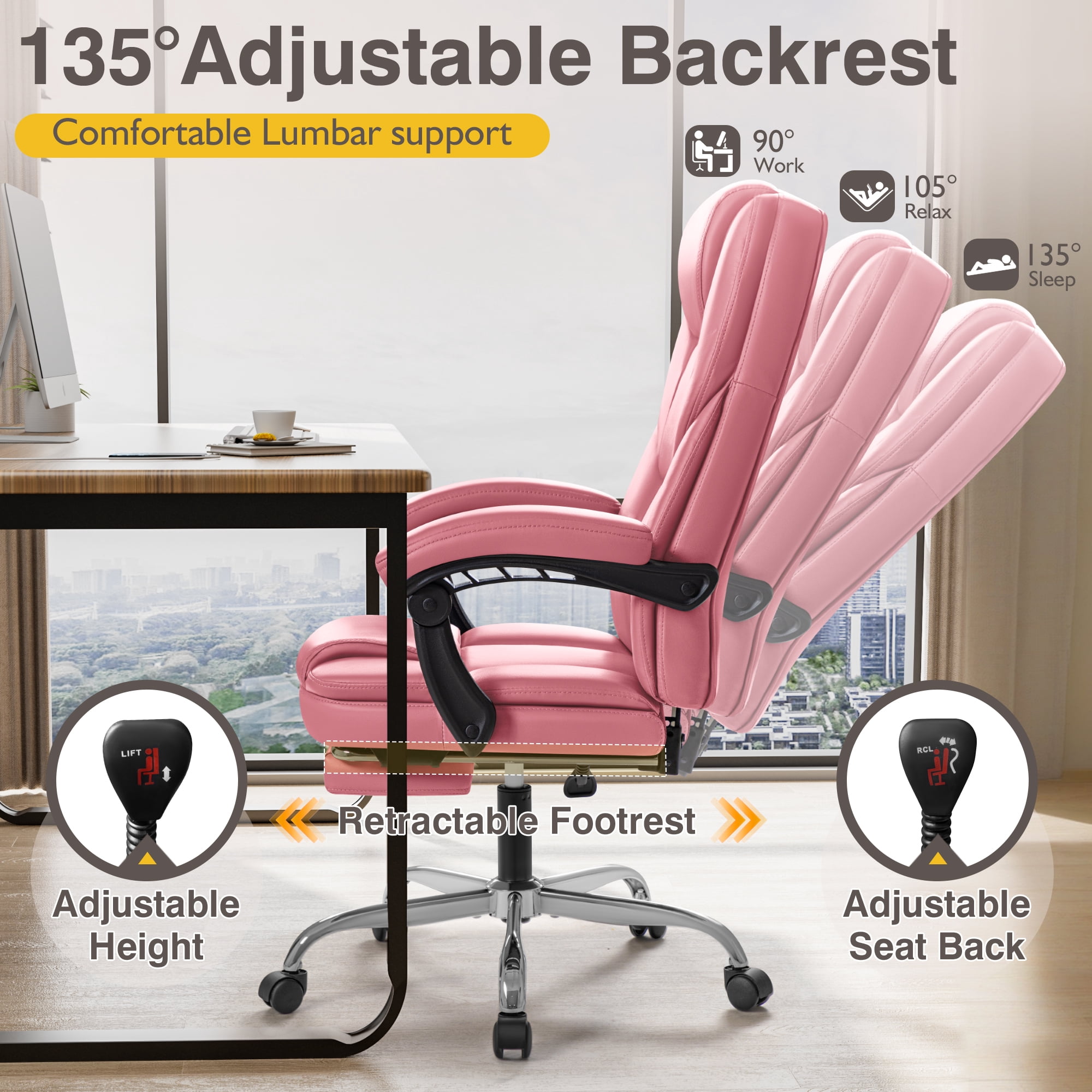 Furmax Reclining Massage Computer Chair Ergonomic Executive Office Chair Height Adjustable Leather Chair With Armsrests,Pink