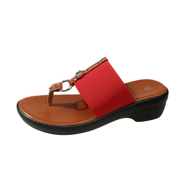 IUJSOY Sandales à Talon Compensé pour Femmes, Boucle Métallique, Sandales de Plage à Bride en T, Mode, Mules à Talon Bas