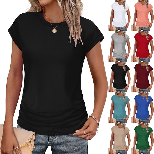 Fanxing T-Shirts pour Femmes Tops d'Été Tendance 2025 Froncé Manches Courtes Mode Col Rond T-Shirts TG