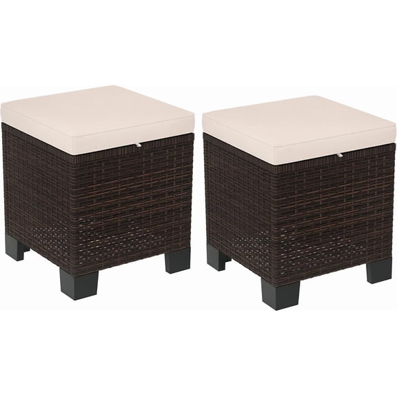 2 Pieces Outdoor Patio Ottomans, All Weather Wicker Footstools with Removable Cushions, 3-in-1 PE Rattan Ottoman Seat, Footrest and Side Table for Backyard, Poolside, Cream White
