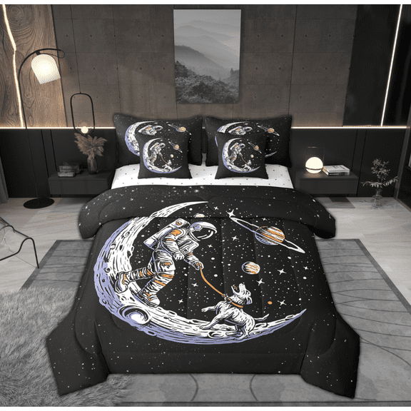 Feelyou Cartoon Astronaut Print Bedding Comforter Set 7 Pieces, Mystic Outer Space Full Bedding Set, Dreamy Stars Planet Fitted Sheet Flat Sheet, Super Cozy Room Decor