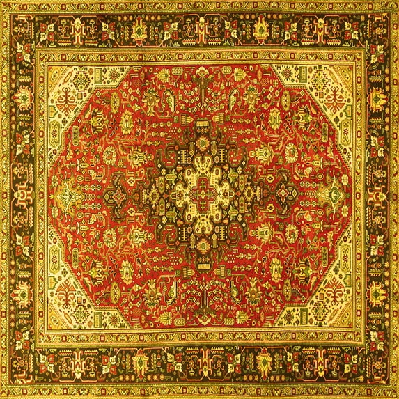 Ahgly Company Machine Washable Indoor Square Medallion Yellow Traditional Area Rugs, 4' Square