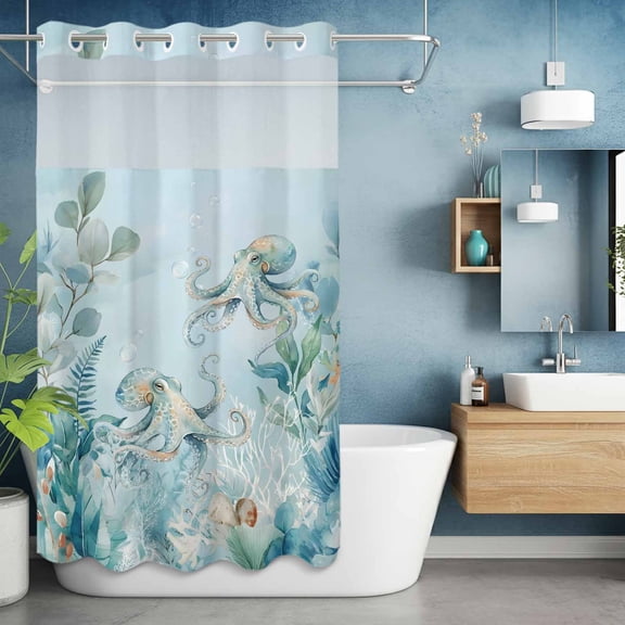No Hook Shower Curtain with Snap in Liner, Watercolor Marine Octopus Coral Waterproof Bath Curtain Double Layers with See Through Top Window, Summer Ocean Life Seaweed Hotel Shower Curtains 36x72in