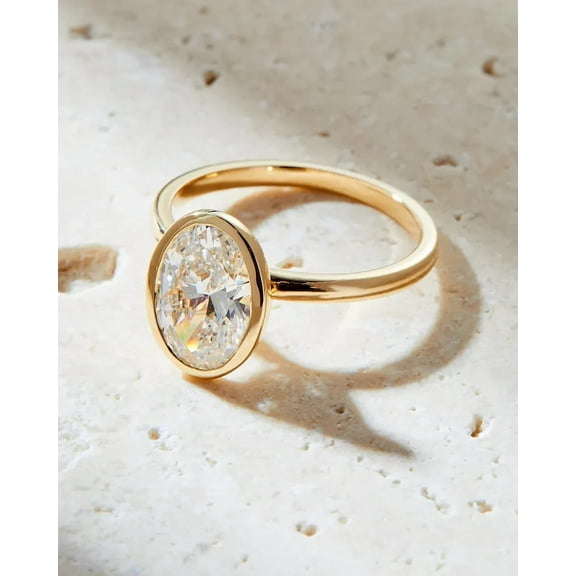 Bluebell Jewels 3 CT Oval Moissanite Solitaire Bezel Set Engagement Ring for Women 14k Yellow Gold Plated