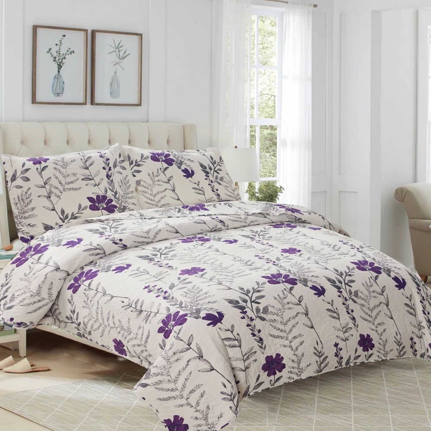 Green Essen Quilt Set Twin Size 3 Piece Bedspread Coverlet Home Lightweight Quilt Bedding Country Dark Scent Purple Flower Quilt Soft Microfibers Quilt Bedspread with Pillow Shams
