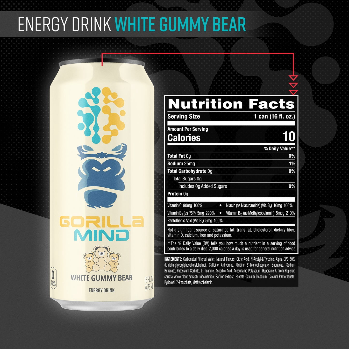 Gorilla Mind Energy Drink, No Sugar or Artificial Colors, White Gummy Bear, 16 oz, 12 pack Cans