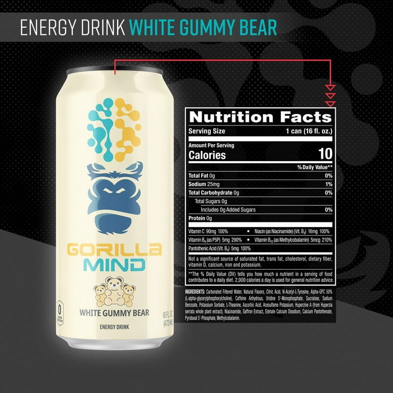Gorilla Mind Energy Drink, No Sugar or Artificial Colors, White