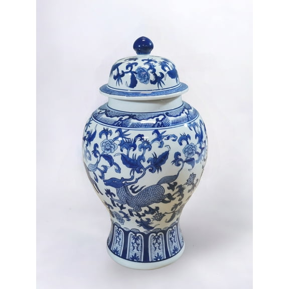 AA Importing AAI 17" Ginger Jar, Chinoiserie Deer Design, Blue and White