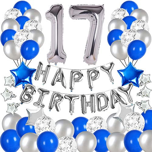 'Blue and Silver 17th Birthday Party Decorations Set- Silver Happy Birthday Banner,Foil Number Balloons, Latex Balloons and More for 17 Years Old Brithday Party Supplies'