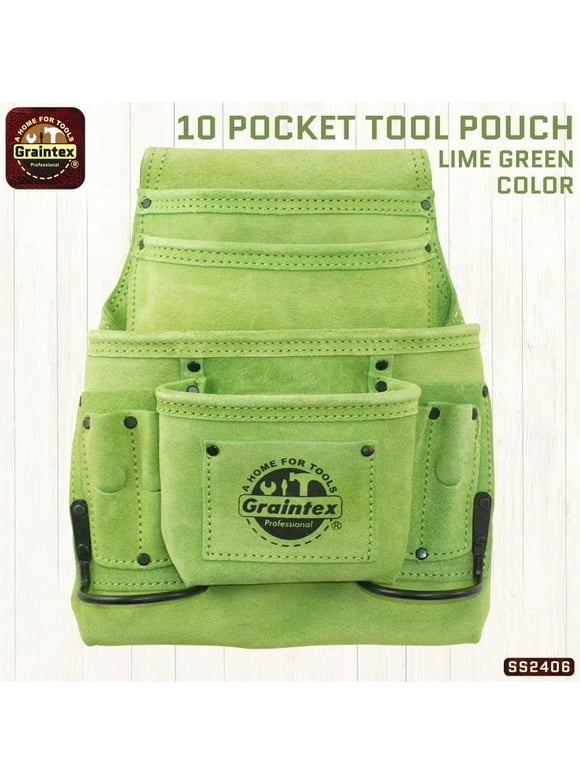 Graintex SS2406 :: 10 POCKET NAIL & TOOL POUCH LIME GREEN COLOR SUEDE LEATHER