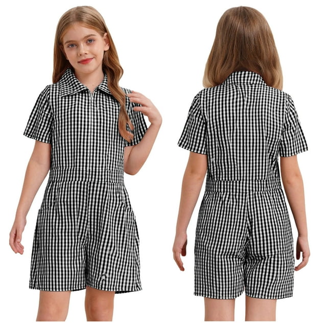 vastwit Combinaison Décontractée à Carreaux pour Filles, Col à Revers, Été, avec Poche, une Pièce, Courte, Noire 8