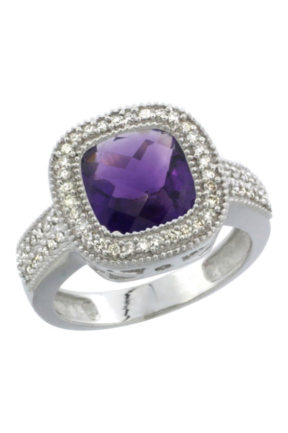 10K White Gold Natural Amethyst Ring Cushion-cut 9x9mm Diamond Accent, size 8.5