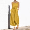 thumbnail image 2 of ShomPort Summer Lightweight Waisted Cotton Linen Jumpsuits for Women 2024 Trendy Back Button Wide Leg Beach Rompers, 2 of 7