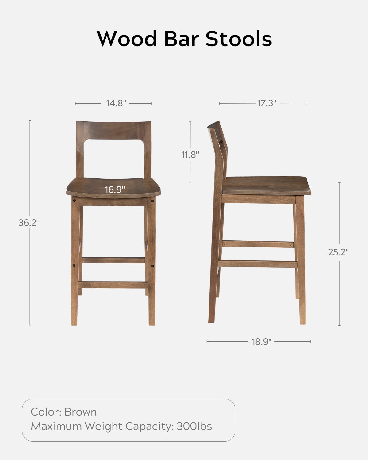 EYYTHUNG Modern Farmhouse Bar Stools 25 inch Mid-Century Solid Wood Counter Height Stools with Back Support Barstools Chairs for Kitchen Dining Room Set of 2, Brown