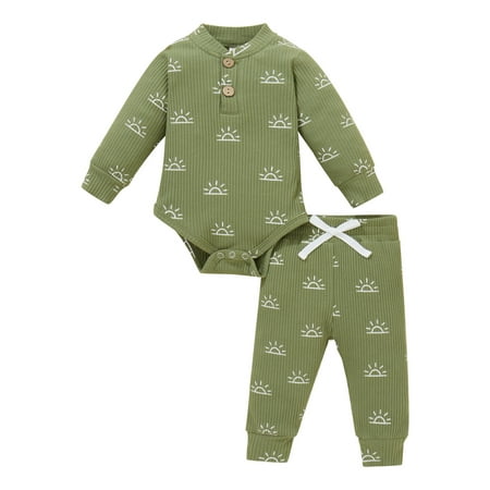 

ZAXARRA Newborn Sun Print Outfits Toddler Ribbed Long Sleeve Round Neck Bodysuit + Trousers with Bow