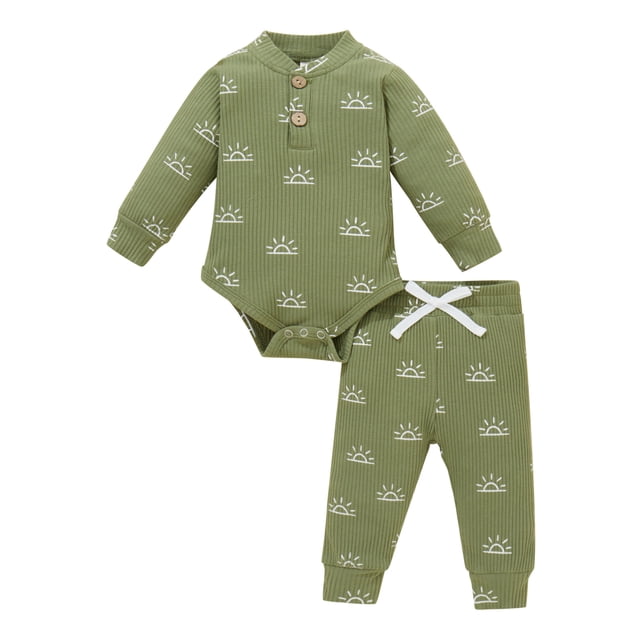 FAROOT Combinaison à Manches Longues Imprimé Soleil Côtelé Col Rond + Pantalon avec Nœud
