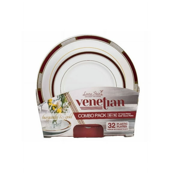 Venetian Collection Combo Pack - White w/Burgundy & Gold Border Plastic Dinner and Salad Plates, 32 count