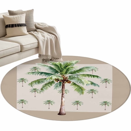Round Rug 4ft Area Rug Summer Coastal Coconut Tree Area Rugs for Living Room Bedroom Tropical Plants Floor Mat Non-Shedding Non-Slip Carpet Indoor Accent Rugs