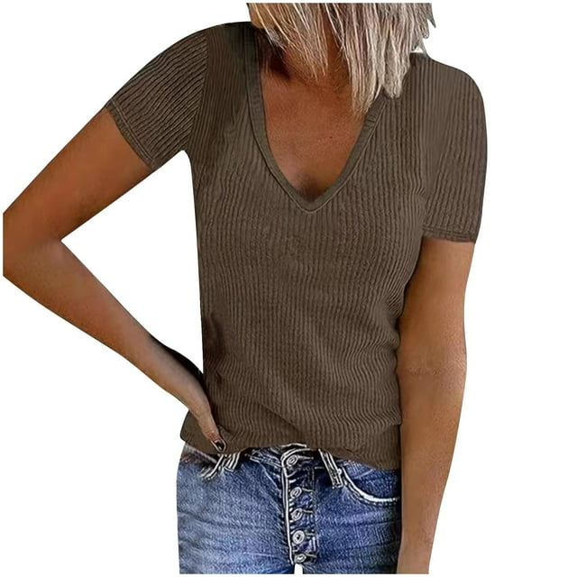 JIUKE Tops for Women Ribbed Knit Short Sleeve Shirts Casual V Neck Stretchy Loose Fitted Basic Tees
