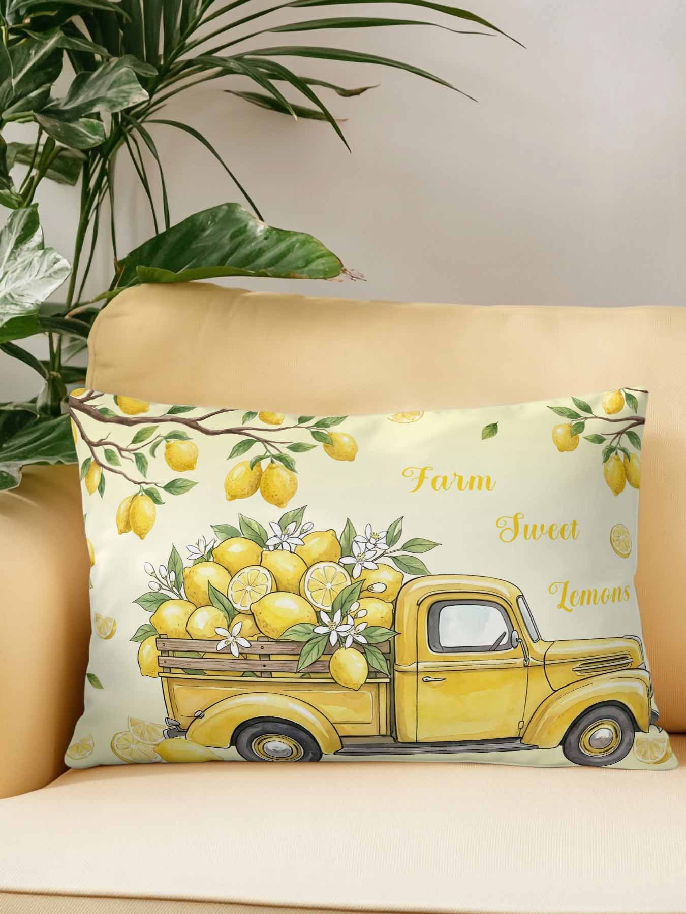 1 Pack Outdoor Pillows Waterproof, Lemon Truck Indoor/Outdoor Throw Pillows with Inserts, Summer Tropical Lemon Fruits Yellow Decorative Pillow for Patio Furniture Chairs Couch