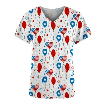 

Yourumao Women Clearance Tops Ladies Deep V Neck Spandex Tops Work Anatomy Scrub Uniform Blouses Short Sleeve Usa Independence Day Print Tops ZS S
