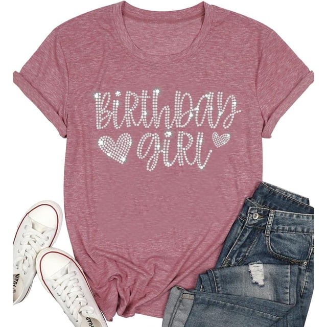 Tenues d'Anniversaire pour Femmes Chemise Fille à Paillettes Cadeau de Fête Mignon Graphique Manches Courtes Col Rond Hauts