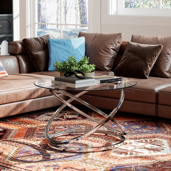 ASYA Modern Glass Coffee Table, 32’’ Round Center Table for Living Room, Chrome