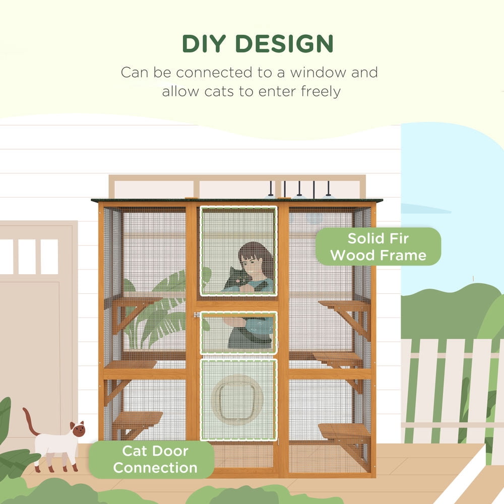 Resenkos Cat Playpen,Outdoor Cat House Big Catio Wooden Feral Cat Shelter Enclosure with Large Spacious Interior, 6 High Ledges, Weather Protection Asphalt Roof, 71" L, Orange