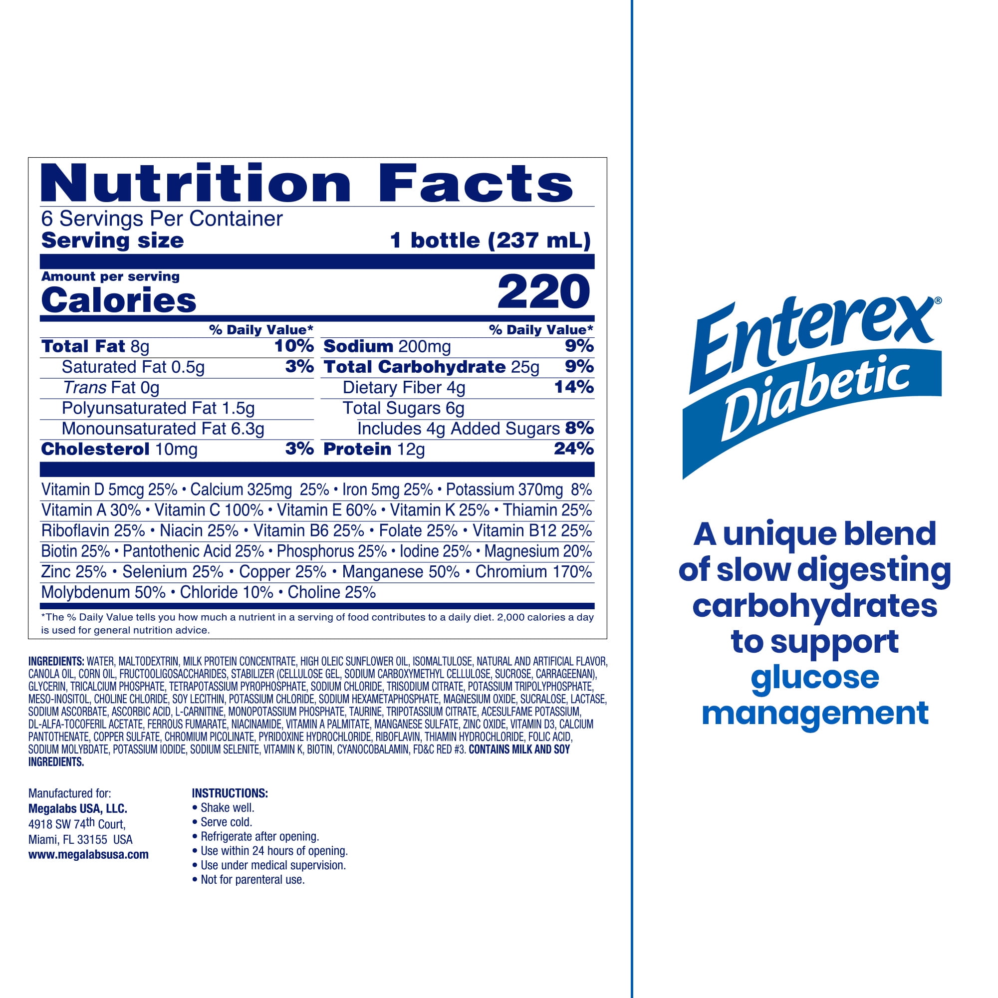 Enterex Diabetic Nutritional Meal Replacement Shake,for People with Diabetes,Strawberry,8 fl oz,16 Pack